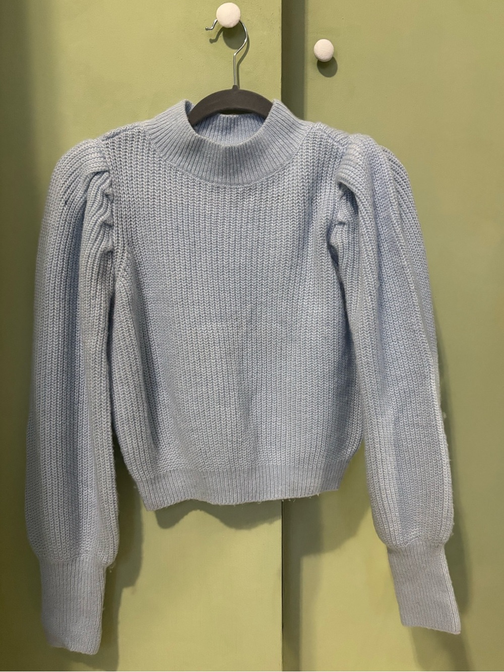 SO Light Blue Ribbed Puff Sleeve Turtleneck Sweater